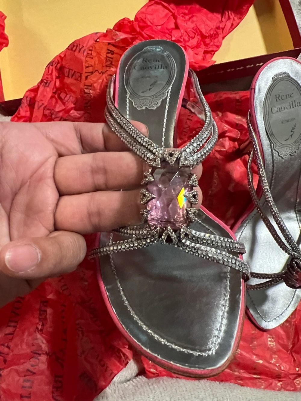 Rene Caovilla Silver and Pink Crystal-Embellished Satin Slide Sandals - Picture 2 of 4